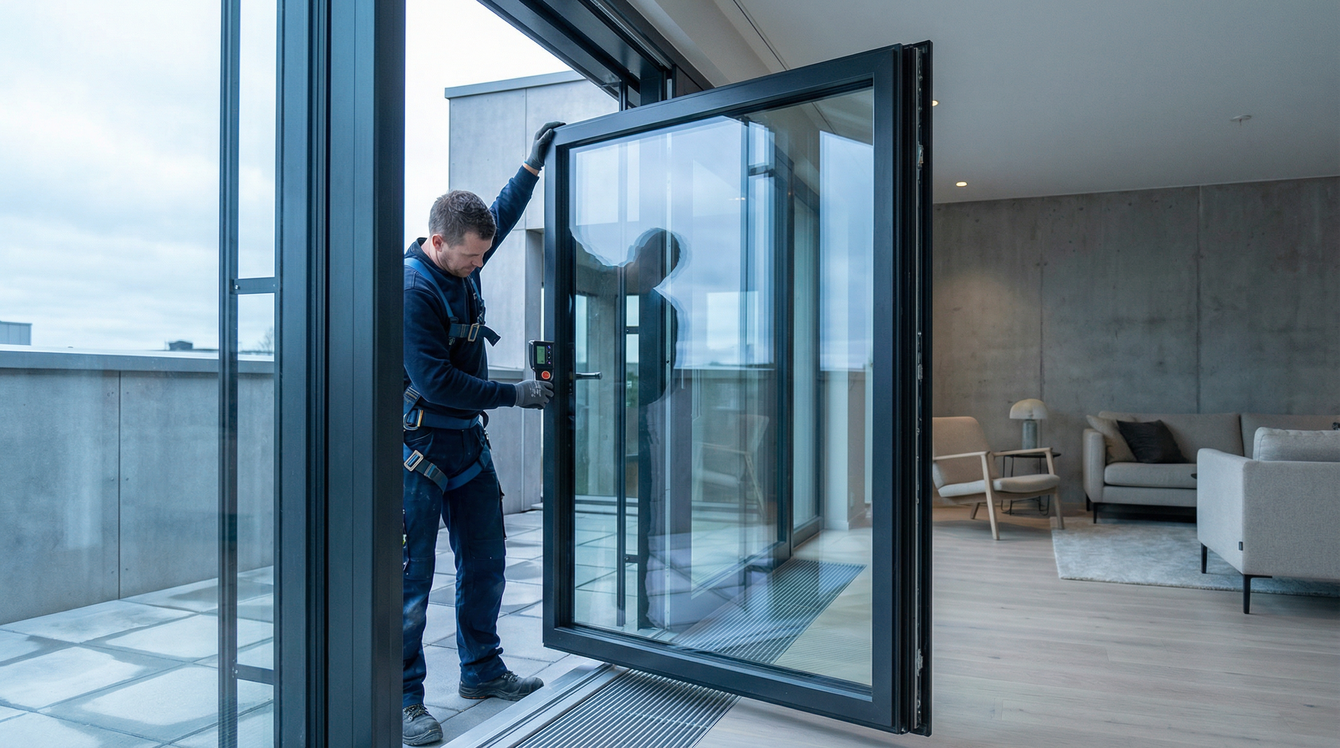 Professional glazier installing modern window in Teesside property